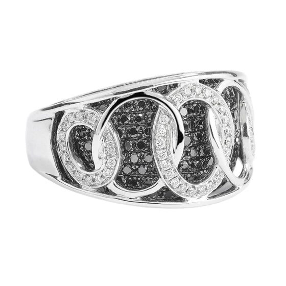 Bague pour femme en or blanc avec un motif de diamants noirs et blancs. Bague Michaud 109274