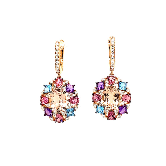 Boucles d'oreilles pendantes pour femme en or rose pavées de diamants blancs, de tourmalines et de topazes. Boucles d'Oreilles Michaud 149337