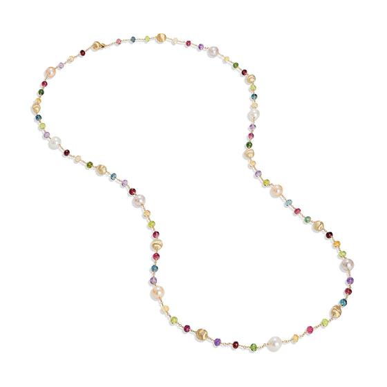 18kt Yellow gold long chain of gemstones and freshwater pearl