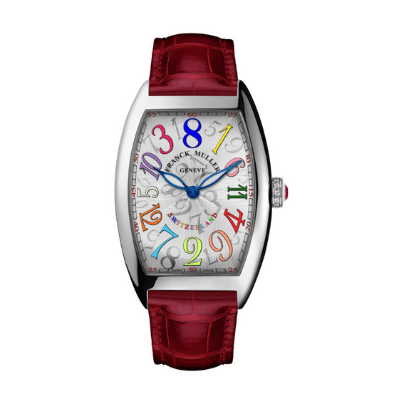 Montre pour homme et femme en acier et bracelet cuir rouge. Montre Cintrée Curvex Crazy Hours Franck Muller T5850 CH FOG COL CRD LTD AC