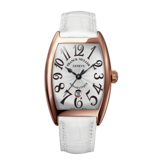 Montre pour femme en or rose et bracelet cuir blanc, affichage heure et date. Montre Cintrée Curvex for Lady Franck Muller T1750 SCATDT FO 5N