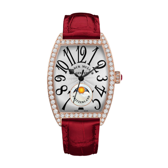 Montre pour femme en or rose et diamants et bracelet cuir rouge, affichage phases de lune. Montre Cintrée Curvex for Lady Franck Muller T2850 SCAT FOLD1CRDLTD 5N