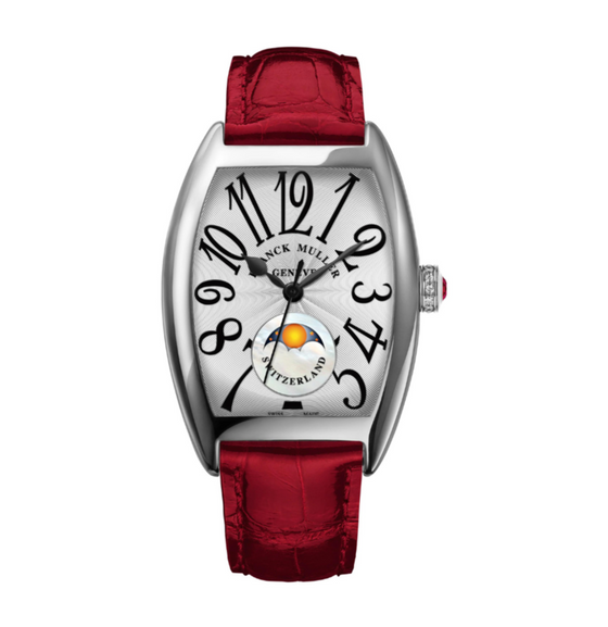 Montre pour femme en acier et bracelet cuir rouge, affichage phases de lune. Montre Cintrée Curvex for Lady Franck Muller T7500 SCAT FOLCRDLTD AC
