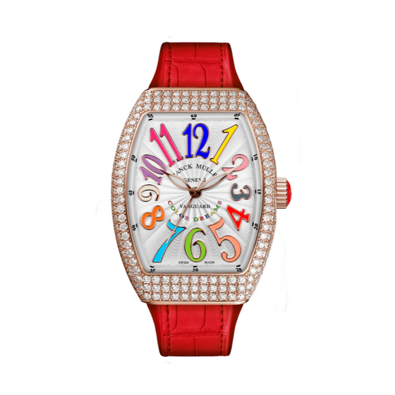 Montre pour femme en or rose et diamants et bracelet cuir rouge. Montre Vanguard Franck Muller T32V SCAT 5NFOCOLD RG