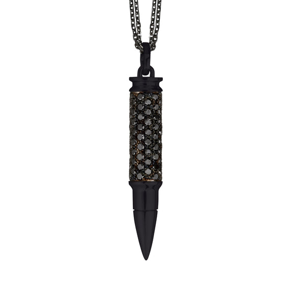 Collier pour homme et femme en forme de balle en or blanc noirci et diamants noirs. Pendentif Fatal Attraction Akillis PFA0025-ON