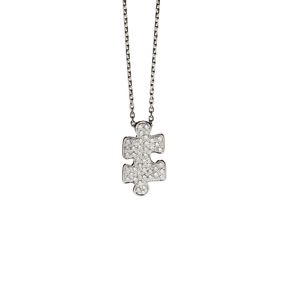 Collier pour homme et femme avec une pièce de puzzle en or blanc et diamants blancs. Pendentif Puzzle Akillis PPZ0014-OG